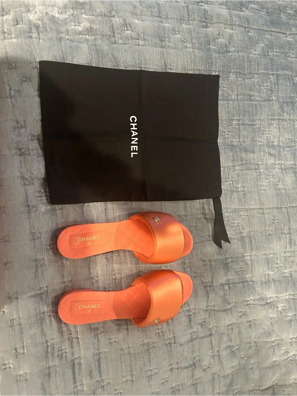 CHANEL Coral Pink Slide Sandal with Gold CC Accent